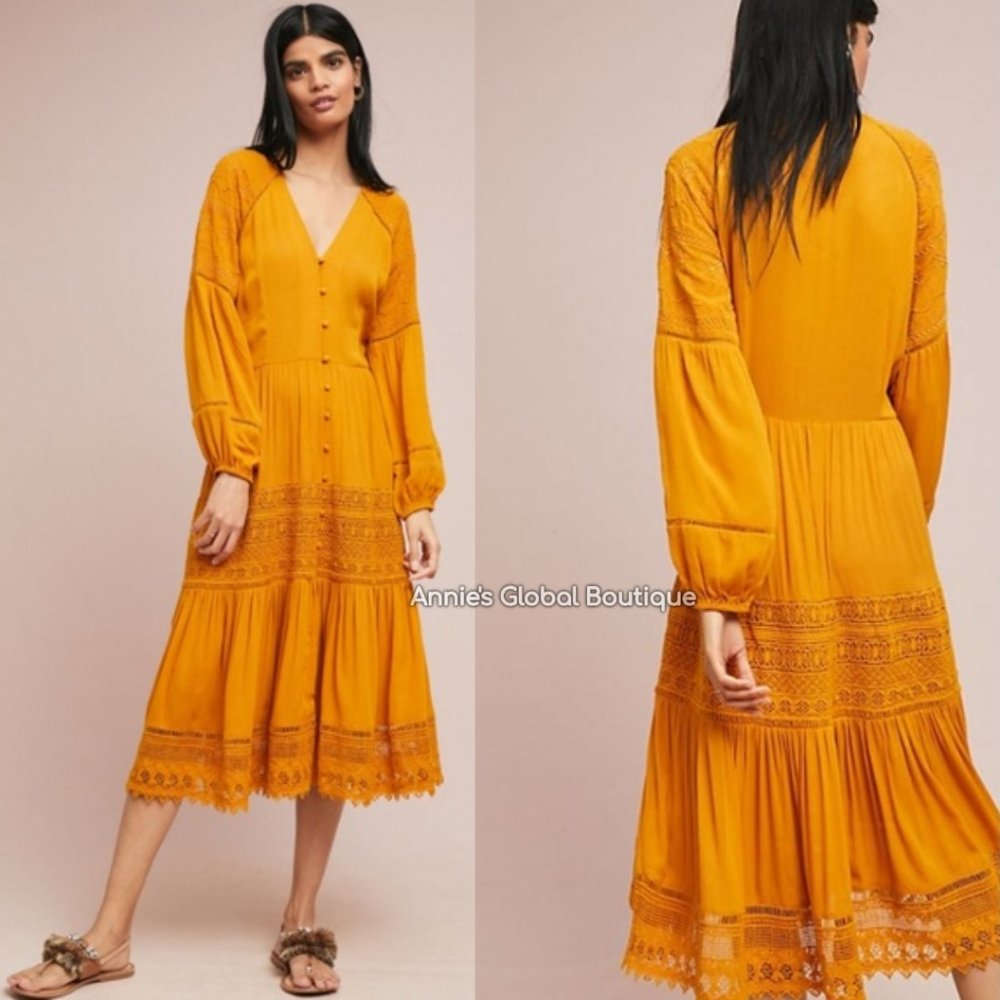 RARE NWT ANTHROPOLOGIE Golden Peasant Embroidered Maxi Dress. Size 4 - Picture 11 of 16